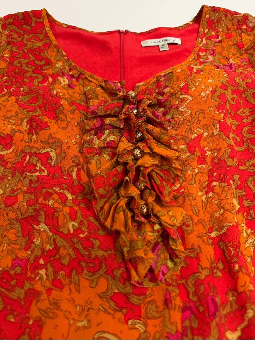 Beth Bowley 100% Silk Ruffle Front Mini Dress Orange Pink Boho Chic Size 6 - Picture 7 of 9